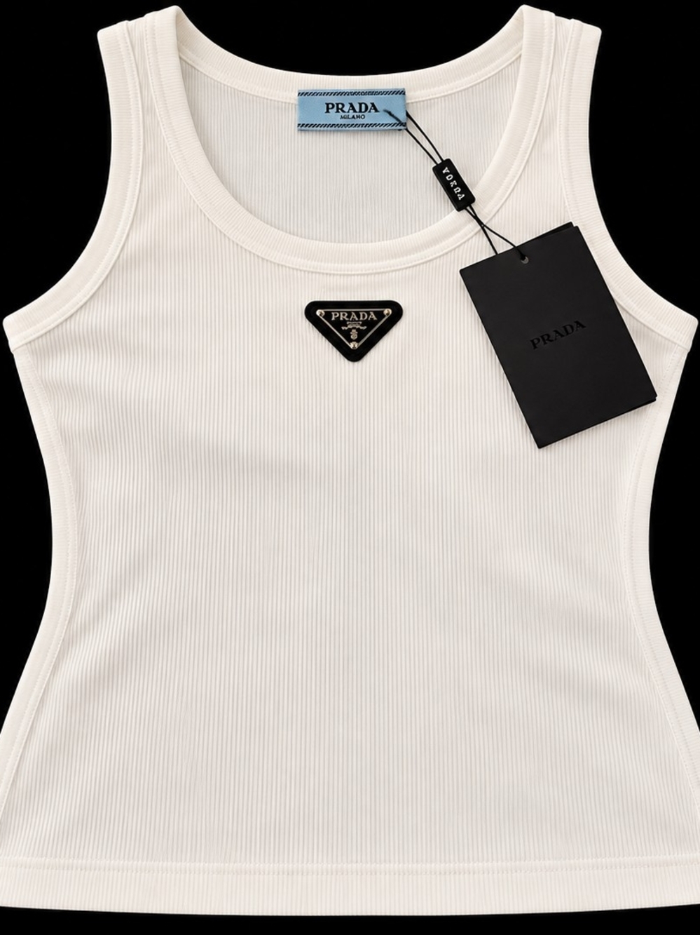 Prada Cream Ribbed Tank with Triangular Logo Plaque